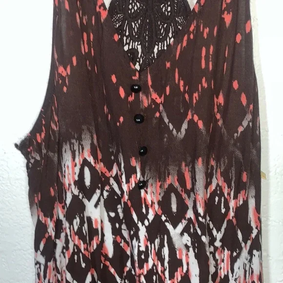 Bohemian Colorful V-Neck Mini Dress Crochet Lace Back Faux Buttons Boho Print - Picture 7 of 12